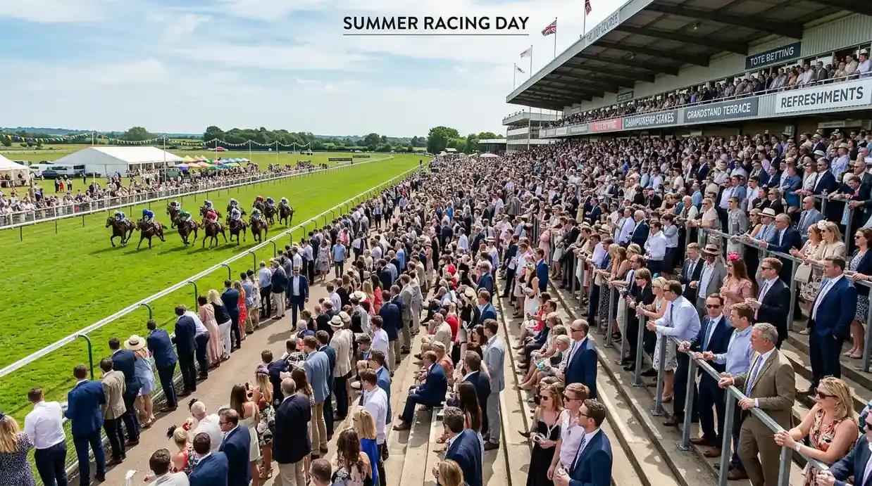 Racegoers at a UK racecourse grandstand during a major racing fixture
